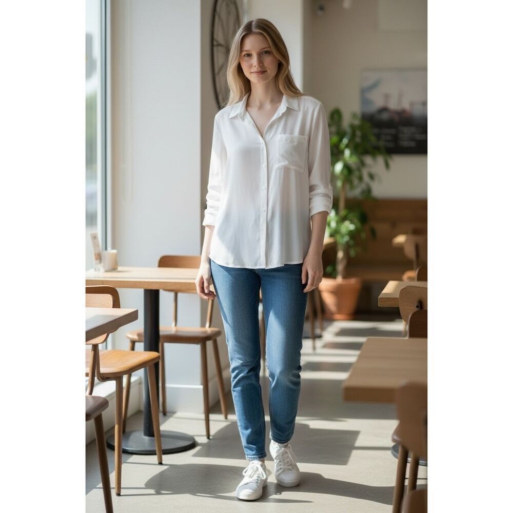ESPIRIT US10 size mid length top cream color with silver button on top